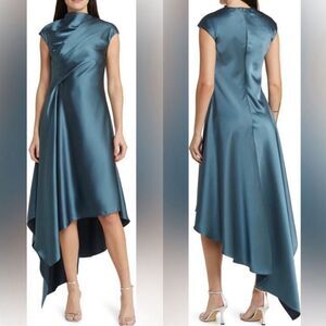 Amsale NWT Draped Satin Asymmetric Cocktail Dress in Petrol Size 12 MSRP $595